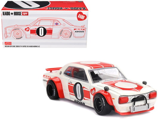 Nissan Skyline 2000GT-R (KPGC10) "Kaido Works V2" RHD (Right Hand Drive) White with Red Stripes (Designed by Jun Imai) "Kaido House" Special 1/64 Diecast Model Car by Mini GT by Mini GT