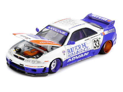 Nissan Skyline GT-R (R33) RHD (Right Hand Drive) #33 "BFTHR V1" Blue and White with Graphics (Designed by Jun Imai) "Kaido House" Special 1/64 Diecast Model Car by Mini GT by Mini GT
