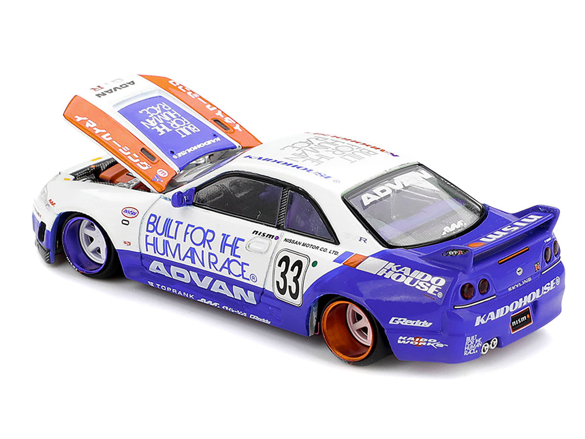 Nissan Skyline GT-R (R33) RHD (Right Hand Drive) #33 "BFTHR V1" Blue and White with Graphics (Designed by Jun Imai) "Kaido House" Special 1/64 Diecast Model Car by Mini GT by Mini GT
