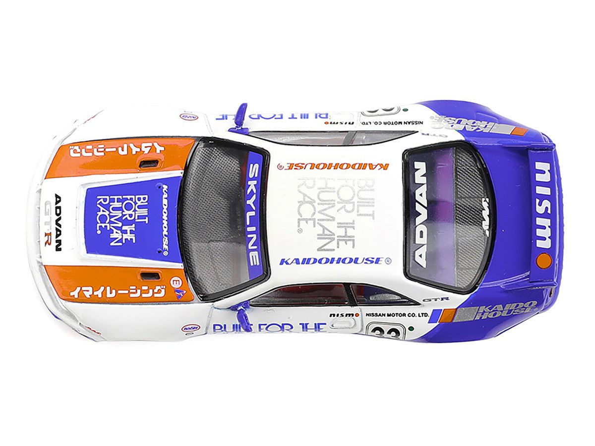 Nissan Skyline GT-R (R33) RHD (Right Hand Drive) #33 "BFTHR V1" Blue and White with Graphics (Designed by Jun Imai) "Kaido House" Special 1/64 Diecast Model Car by Mini GT by Mini GT