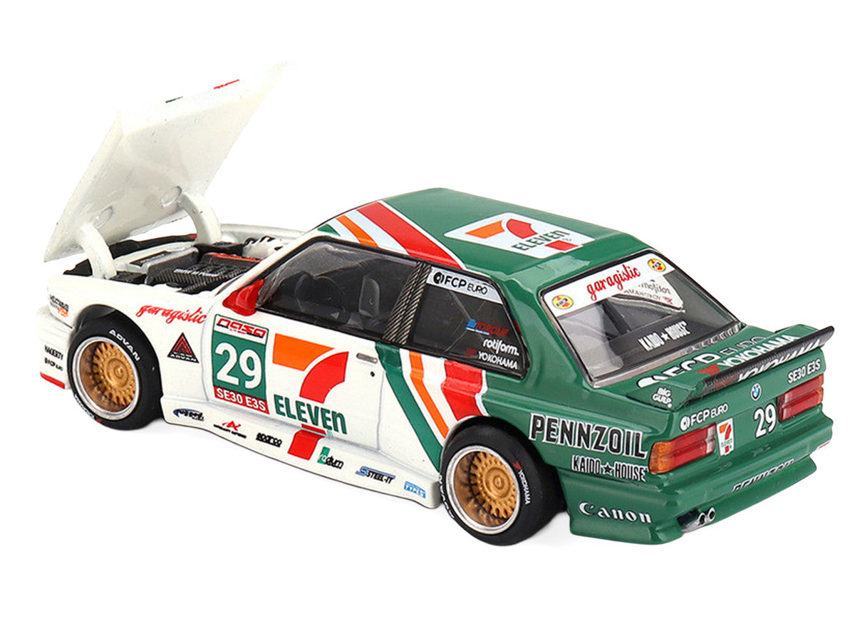 BMW M3 "Kaido Works Larry Chen V1" #29 "7-Eleven" White and Green with Graphics (Designed by Jun Imai) "Kaido House" Special 1/64 Diecast Model Car by Mini GT by Mini GT