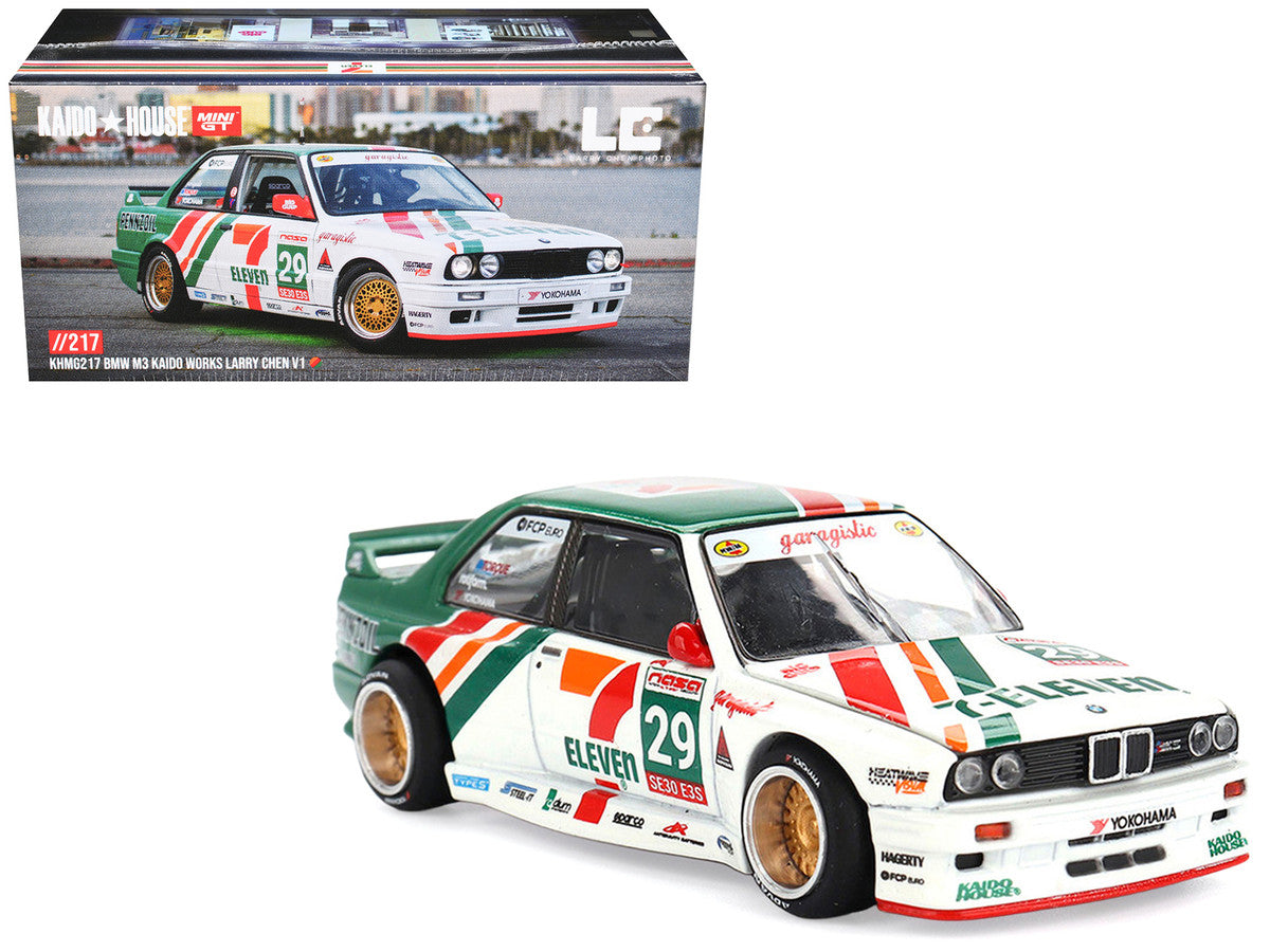 BMW M3 "Kaido Works Larry Chen V1" #29 "7-Eleven" White and Green with Graphics (Designed by Jun Imai) "Kaido House" Special 1/64 Diecast Model Car by Mini GT by Mini GT