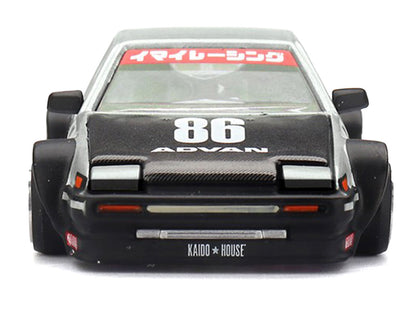 Toyota AE86 Sprinter Trueno RHD (Right Hand Drive) #86 "Kaido Street V2" Silver Metallic and Black with Carbon Hood and Graphics (Designed by Jun Imai) "Kaido House" 1/64 Die Cast Model Car by Mini GT-3
