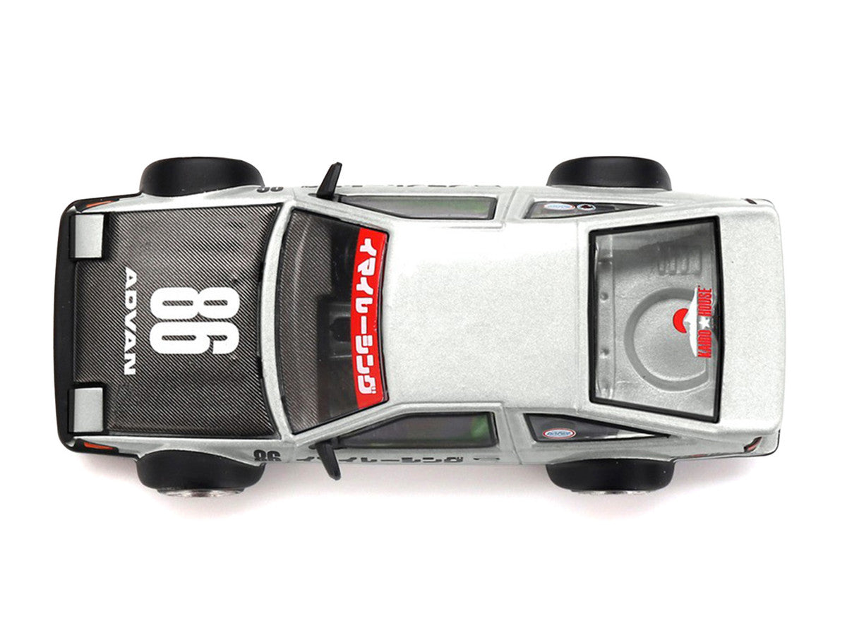 Toyota AE86 Sprinter Trueno RHD (Right Hand Drive) #86 "Kaido Street V2" Silver Metallic and Black with Carbon Hood and Graphics (Designed by Jun Imai) "Kaido House" 1/64 Die Cast Model Car by Mini GT-2