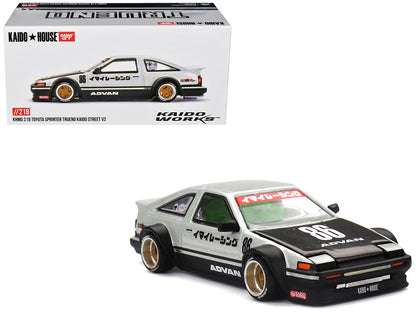 Toyota AE86 Sprinter Trueno RHD (Right Hand Drive) #86 "Kaido Street V2" Silver Metallic and Black with Carbon Hood and Graphics (Designed by Jun Imai) "Kaido House" 1/64 Die Cast Model Car by Mini GT-4