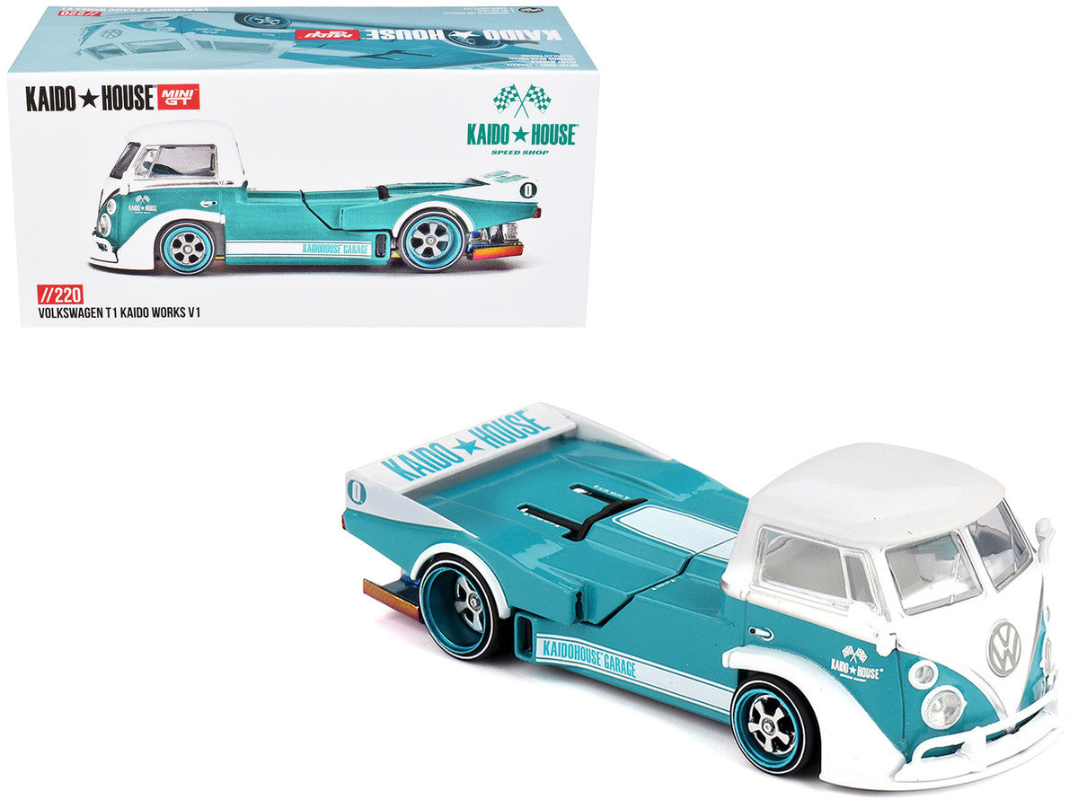 Volkswagen T1 "Kaido Works V1" Truck Turquoise with White Top and Stripes (Designed by Jun Imai) "Kaido House" Special 1/64 Diecast Model Car by Mini GT by Mini GT