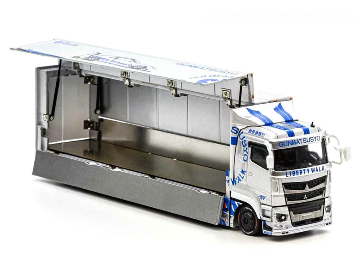 Mitsubishi Fuso Super Great Transporter RHD (Right Hand Drive) "LB-Trucks - Gunmatsusyo" Silver Metallic with Blue Graphics "Tokyo Auto Salon (TAS) 2026 Exclusive" 1/64 Diecast Model by GCD by GCD