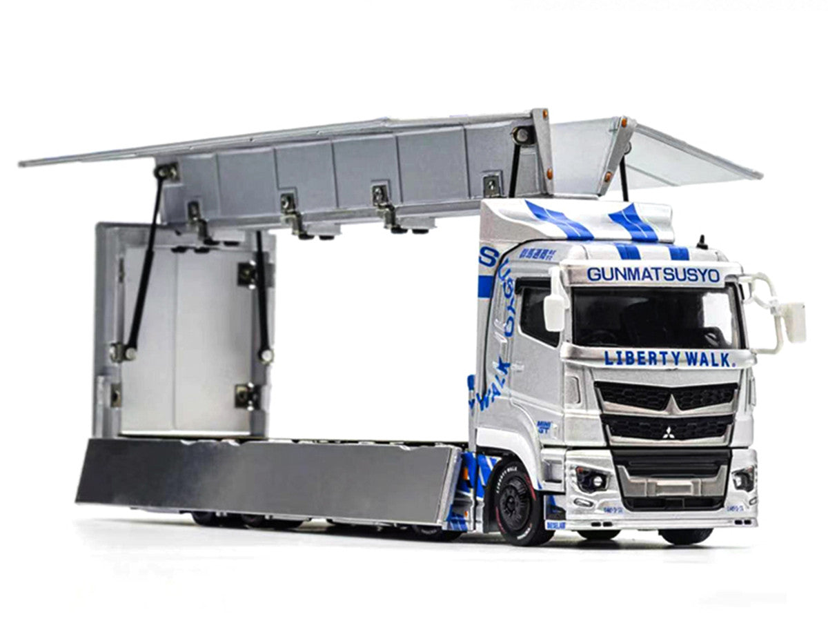 Mitsubishi Fuso Super Great Transporter RHD (Right Hand Drive) "LB-Trucks - Gunmatsusyo" Silver Metallic with Blue Graphics "Tokyo Auto Salon (TAS) 2026 Exclusive" 1/64 Diecast Model by GCD by GCD