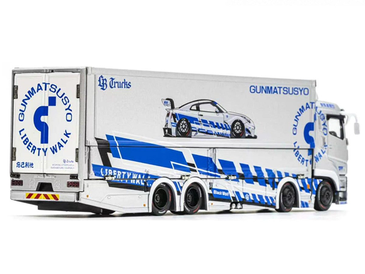 Mitsubishi Fuso Super Great Transporter RHD (Right Hand Drive) "LB-Trucks - Gunmatsusyo" Silver Metallic with Blue Graphics "Tokyo Auto Salon (TAS) 2026 Exclusive" 1/64 Diecast Model by GCD by GCD