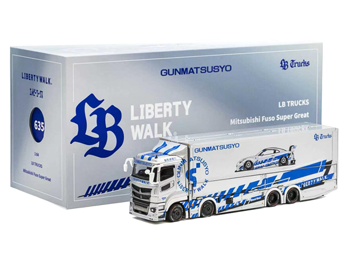 Mitsubishi Fuso Super Great Transporter RHD (Right Hand Drive) "LB-Trucks - Gunmatsusyo" Silver Metallic with Blue Graphics "Tokyo Auto Salon (TAS) 2026 Exclusive" 1/64 Diecast Model by GCD by GCD