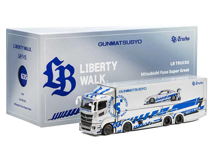 Mitsubishi Fuso Super Great Transporter RHD (Right Hand Drive) "LB-Trucks - Gunmatsusyo" Silver Metallic with Blue Graphics "Tokyo Auto Salon (TAS) 2026 Exclusive" 1/64 Diecast Model by GCD by GCD