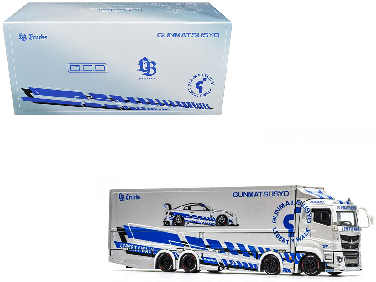 Mitsubishi Fuso Super Great Transporter RHD (Right Hand Drive) "LB-Trucks - Gunmatsusyo" Silver Metallic with Blue Graphics "Tokyo Auto Salon (TAS) 2026 Exclusive" 1/64 Diecast Model by GCD by GCD