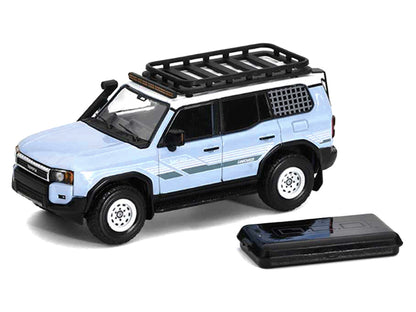 2024 Toyota Land Cruiser Prado Light Blue with White Top and Stripes with Roof Rack and Accessory 1/64 Diecast Model Car by GCD by GCD