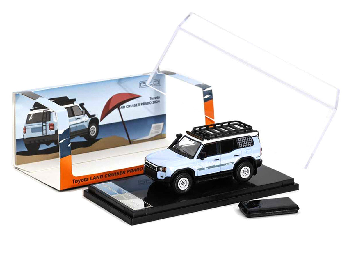 2024 Toyota Land Cruiser Prado Light Blue with White Top and Stripes with Roof Rack and Accessory 1/64 Diecast Model Car by GCD by GCD
