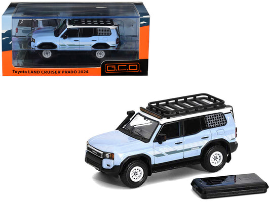 2024 Toyota Land Cruiser Prado Light Blue with White Top and Stripes with Roof Rack and Accessory 1/64 Diecast Model Car by GCD by GCD