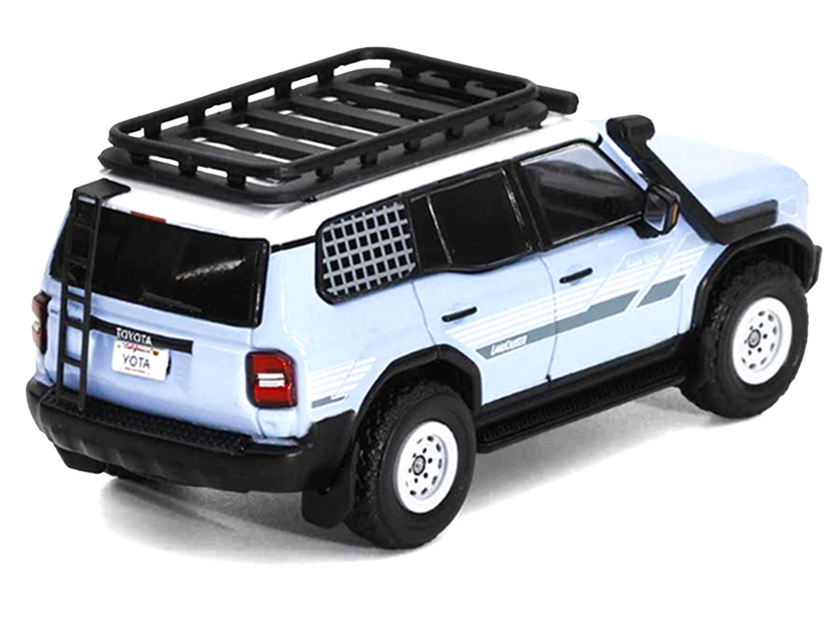 2024 Toyota Land Cruiser Prado Light Blue with White Top and Stripes with Roof Rack and Accessory 1/64 Diecast Model Car by GCD by GCD