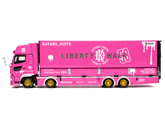 Hino 700 Transporter RHD (Right Hand Drive) "LB-Trucks - Kayano_Distr." Pink Metallic with Graphics 1/64 Diecast Model by GCD by GCD