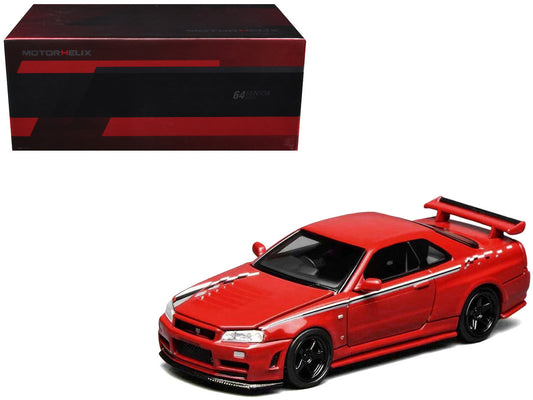 Nissan Skyline GT-R (R34) Nismo RHD (Right Hand Drive) Custom Red with Stripes "Senior 64" Series 1/64 Diecast Model Car by MotorHelix by Motorhelix