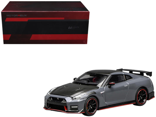 2022 Nissan GT-R Nismo (R35) RHD (Right Hand Drive) Stealth Gray with Carbon Hood and Top "Senior 64" Series 1/64 Diecast Model Car by MotorHelix by Motorhelix