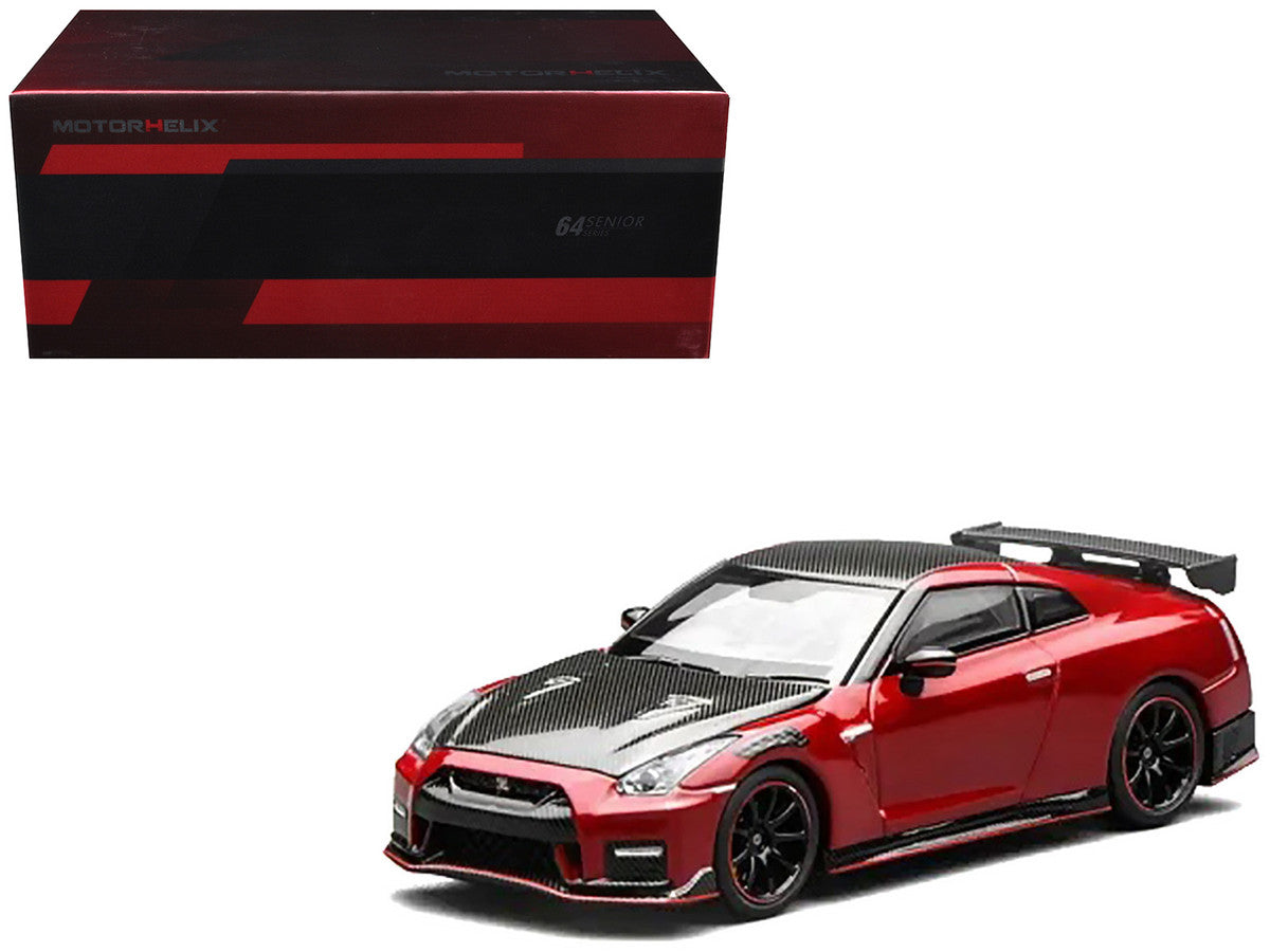 2022 Nissan GT-R Nismo (R35) RHD (Right Hand Drive) Vibrant Red with Carbon Hood and Top "Senior 64" Series 1/64 Diecast Model Car by MotorHelix by Motorhelix