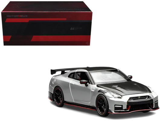 2022 Nissan GT-R Nismo (R35) RHD (Right Hand Drive) Ultimate Metal Silver Metallic with Carbon Hood and Top "Senior 64" Series 1/64 Diecast Model Car by MotorHelix by Motorhelix