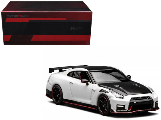 2022 Nissan GT-R Nismo (R35) RHD (Right Hand Drive) Brilliant White Pearl with Carbon Hood and Top "Senior 64" Series 1/64 Diecast Model Car by MotorHelix by Motorhelix