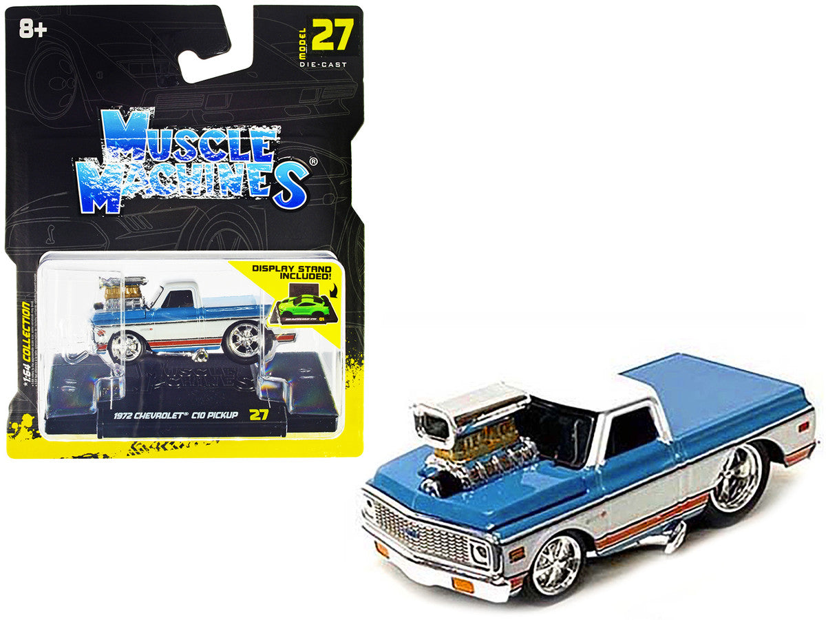 1972 Chevrolet C10 Pickup Truck Blue and White with Stripes 1/64 Diecast Model Car by Muscle Machines by Muscle Machines