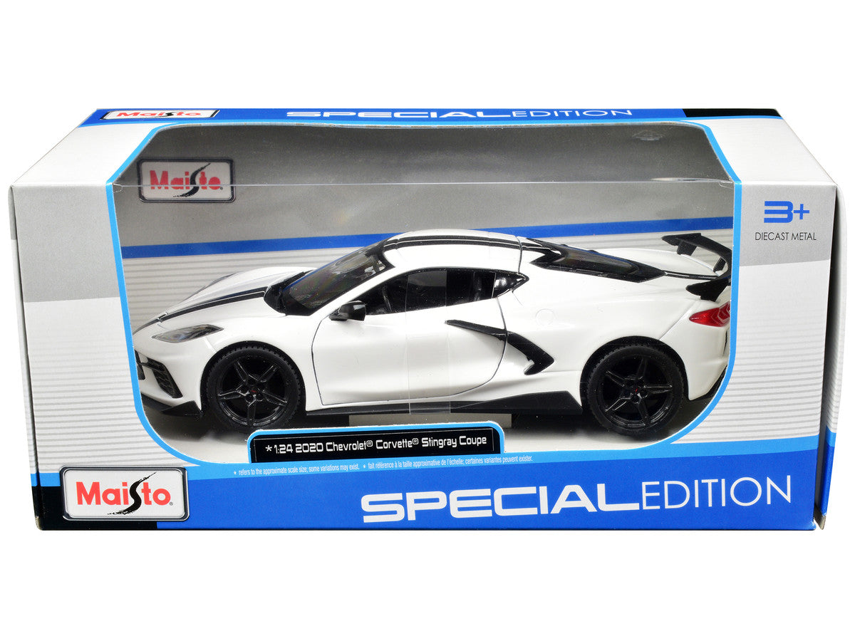 2020 Chevrolet Corvette Stingray Coupe White with Black Stripes "Special Edition" Series 1/24 Diecast Model Car by Maisto by Maisto