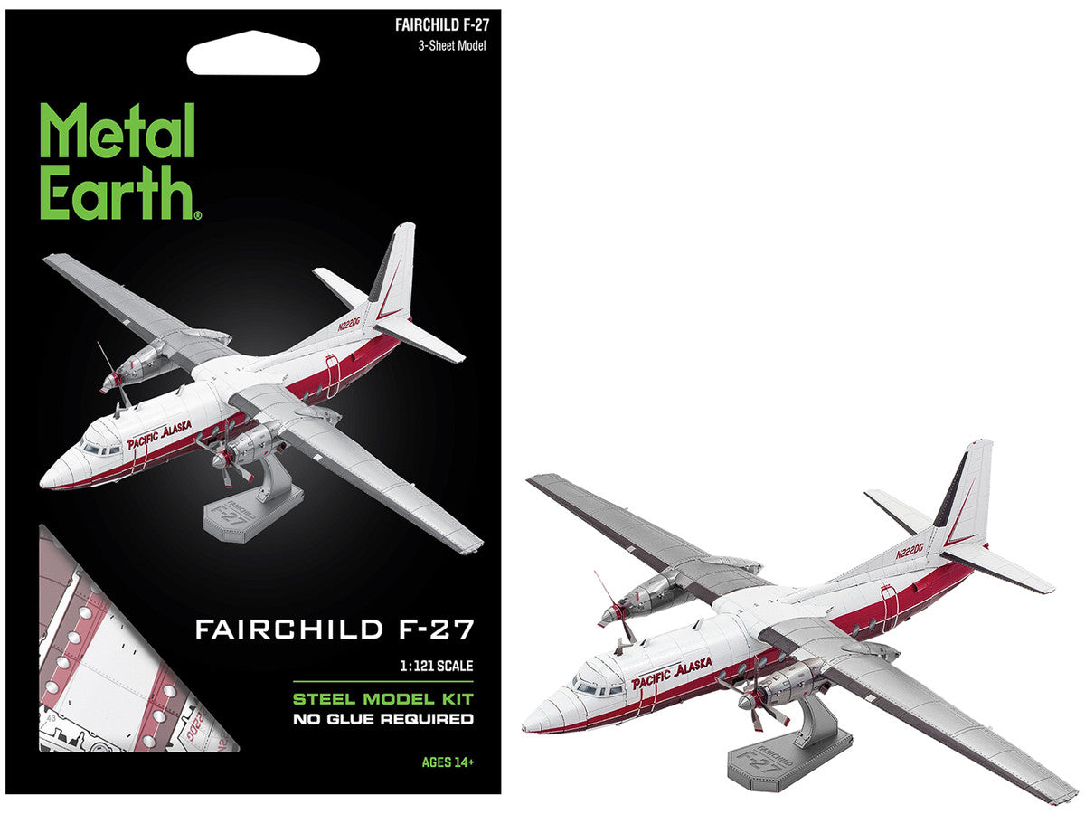 Model Kit Fairchild F-27 Commercial Aircraft "Pacific Alaska" White with Red Stripes (Moderate Difficulty) Steel Model by Metal Earth by Metal Earth