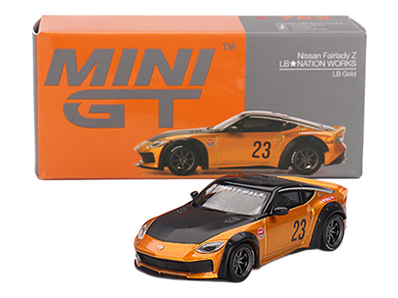 Nissan Fairlady Z #23 "LB-NATION WORKS" LB Gold Metallic with Matt Black Hood and Black Top Limited Edition 1/64 Diecast Model Car by Mini GT by Mini GT