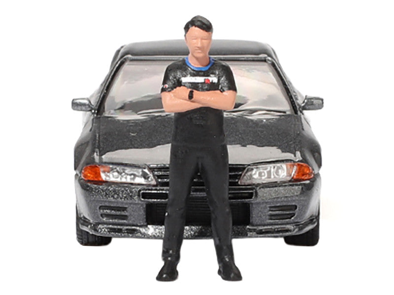 Nissan Skyline GT-R (R32) RHD (Right Hand Drive) Gunmetal Gray Metallic with Tsugio Matsuda Figure Limited Edition 1/64 Diecast Model Car by Mini GT by Mini GT