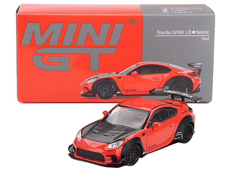 Toyota GR86 "LB-Nation - Liberty Walk" Red with Carbon Hood Limited Edition 1/64 Diecast Model Car by Mini GT by Mini GT