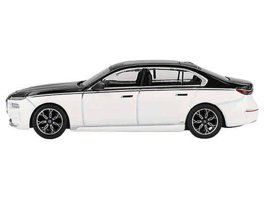 BMW i7 xDrive60 Dravit Alpine White and Black Sapphire Limited Edition 1/64 Diecast Model Car by Mini GT by Mini GT
