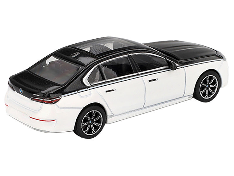 BMW i7 xDrive60 Dravit Alpine White and Black Sapphire Limited Edition 1/64 Diecast Model Car by Mini GT by Mini GT