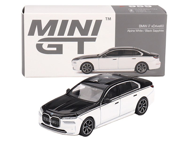 BMW i7 xDrive60 Dravit Alpine White and Black Sapphire Limited Edition 1/64 Diecast Model Car by Mini GT by Mini GT