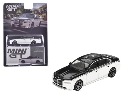 BMW i7 xDrive60 Dravit Alpine White and Black Sapphire Limited Edition 1/64 Diecast Model Car by Mini GT by Mini GT