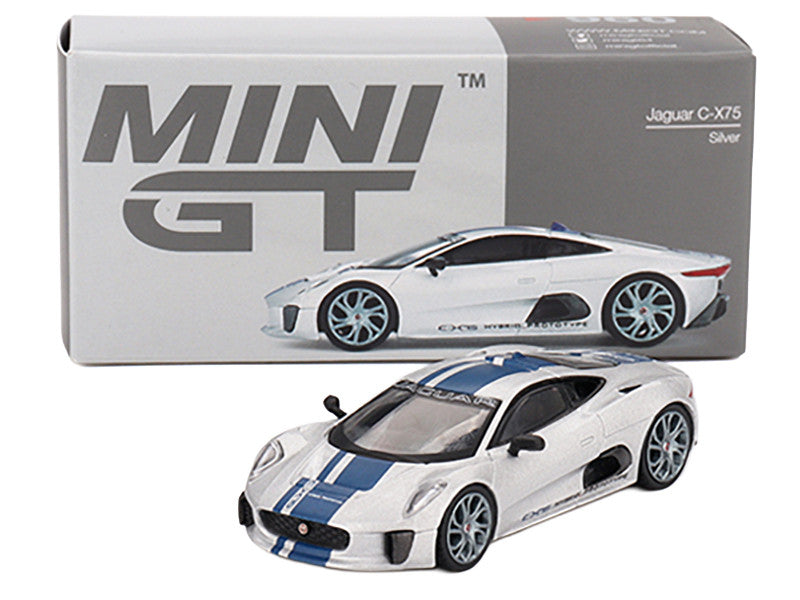 Jaguar C-X75 Silver Metallic with Blue Stripes Limited Edition 1/64 Diecast Model Car by Mini GT by Mini GT