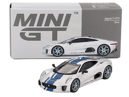 Jaguar C-X75 Silver Metallic with Blue Stripes Limited Edition 1/64 Diecast Model Car by Mini GT by Mini GT