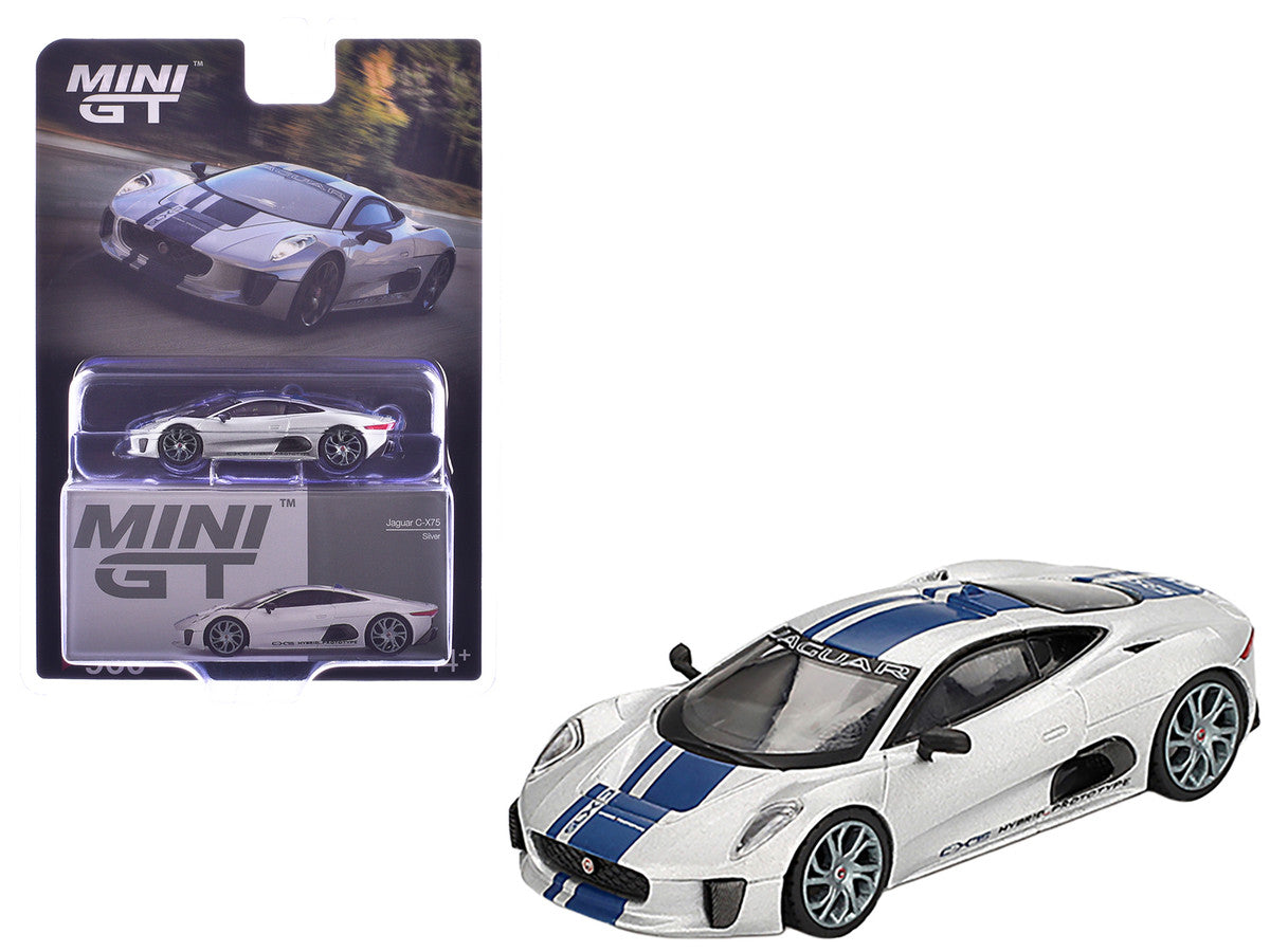 Jaguar C-X75 Silver Metallic with Blue Stripes Limited Edition 1/64 Diecast Model Car by Mini GT by Mini GT