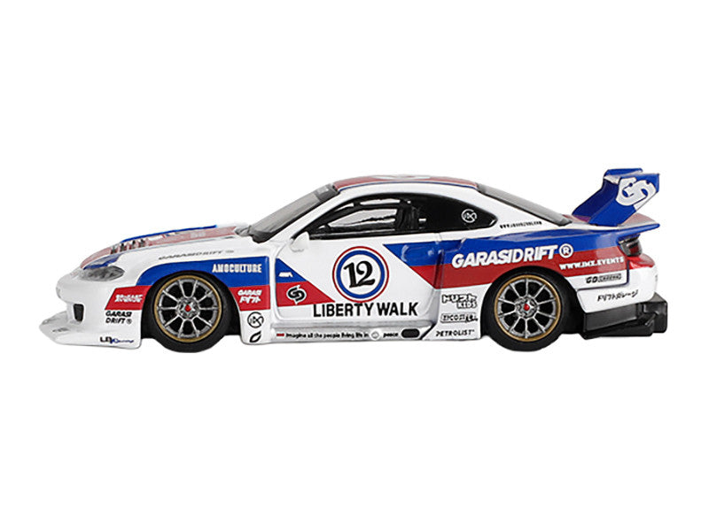 Nissan "LB-Super Silhouette" S15 SILVIA RHD (Right Hand Drive) "GARASIDRIFT x LBWK 2025" White with Blue and Red Stripes Limited Edition 1/64 Diecast Model Car by Mini GT by Mini GT
