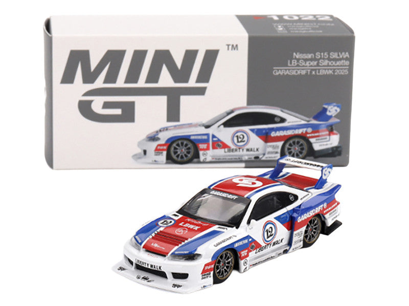 Nissan "LB-Super Silhouette" S15 SILVIA RHD (Right Hand Drive) "GARASIDRIFT x LBWK 2025" White with Blue and Red Stripes Limited Edition 1/64 Diecast Model Car by Mini GT by Mini GT