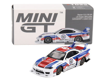 Nissan "LB-Super Silhouette" S15 SILVIA RHD (Right Hand Drive) "GARASIDRIFT x LBWK 2025" White with Blue and Red Stripes Limited Edition 1/64 Diecast Model Car by Mini GT by Mini GT