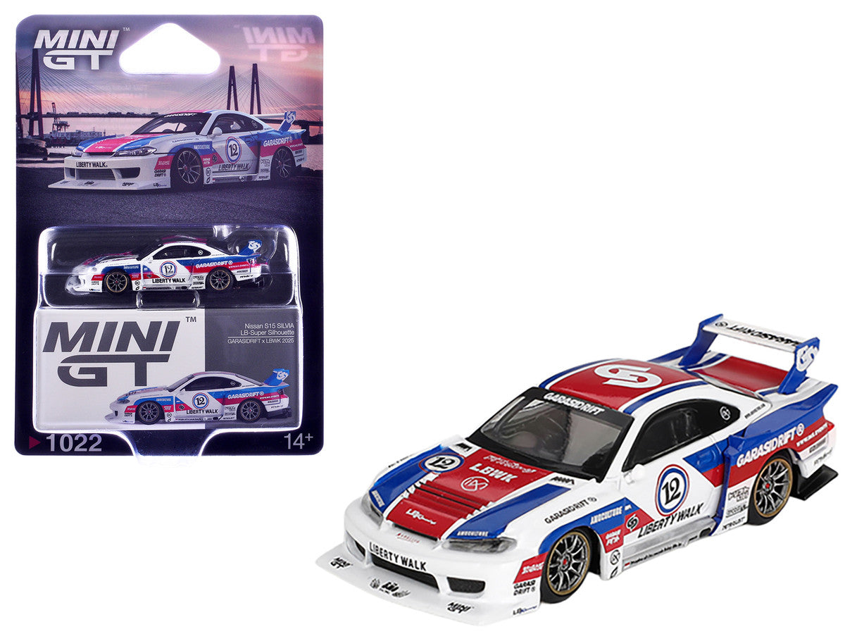 Nissan "LB-Super Silhouette" S15 SILVIA RHD (Right Hand Drive) "GARASIDRIFT x LBWK 2025" White with Blue and Red Stripes Limited Edition 1/64 Diecast Model Car by Mini GT by Mini GT
