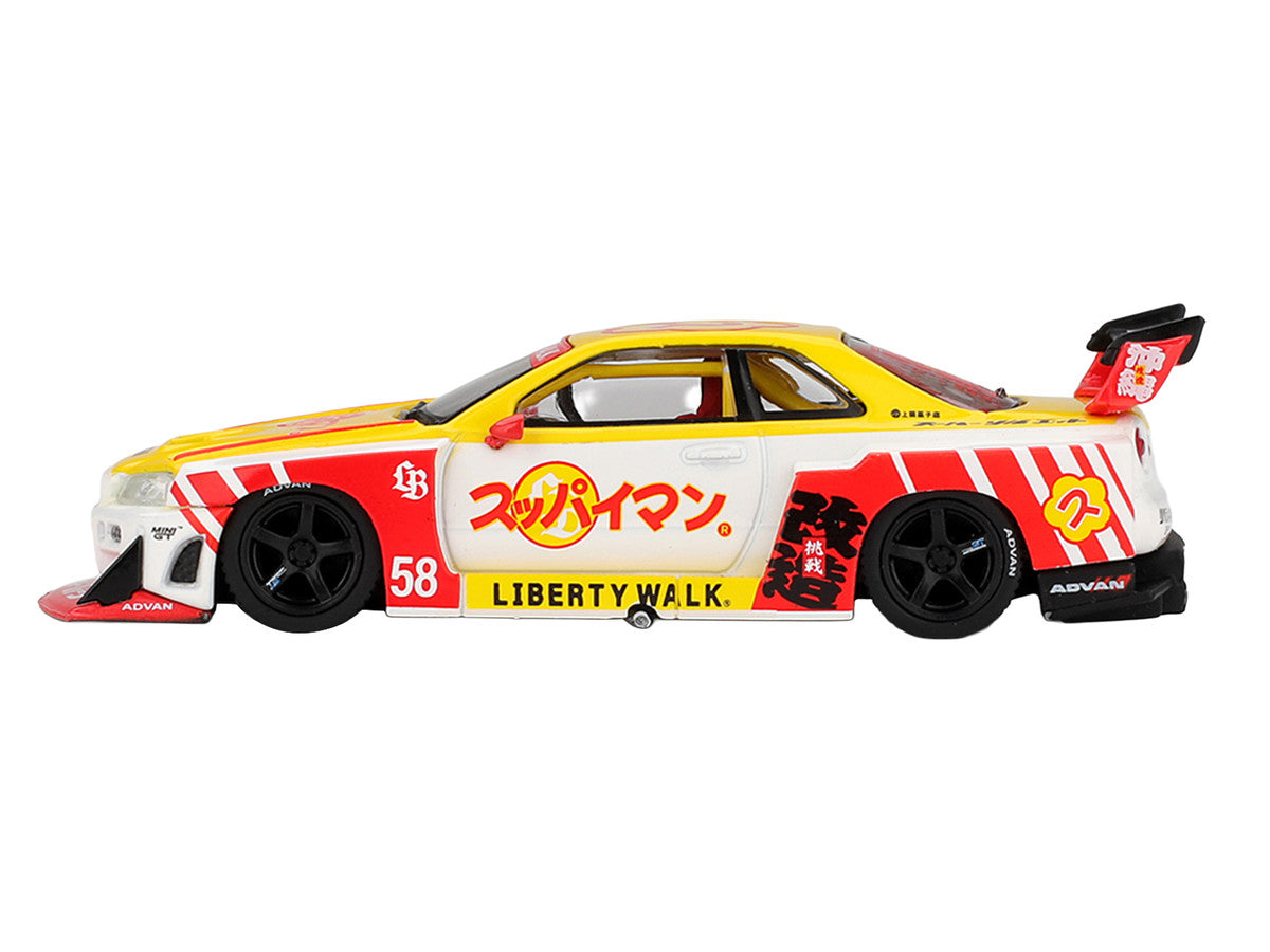 Nissan LB-ER34 Super Silhouette Skyline RHD (Right Hand Drive) #58 "Suppaiman Okinawa" Yellow and White with Graphics Limited Edition 1/64 Diecast Model Car by Mini GT-2