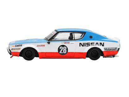 Nissan Skyline Kenmeri RHD (Right Hand Drive) #28 "Liberty Walk - Nissan Racing 1975 Concept" Blue and White with Red Stripes Limited Edition 1/64 Diecast Model Car by Mini GT by Mini GT