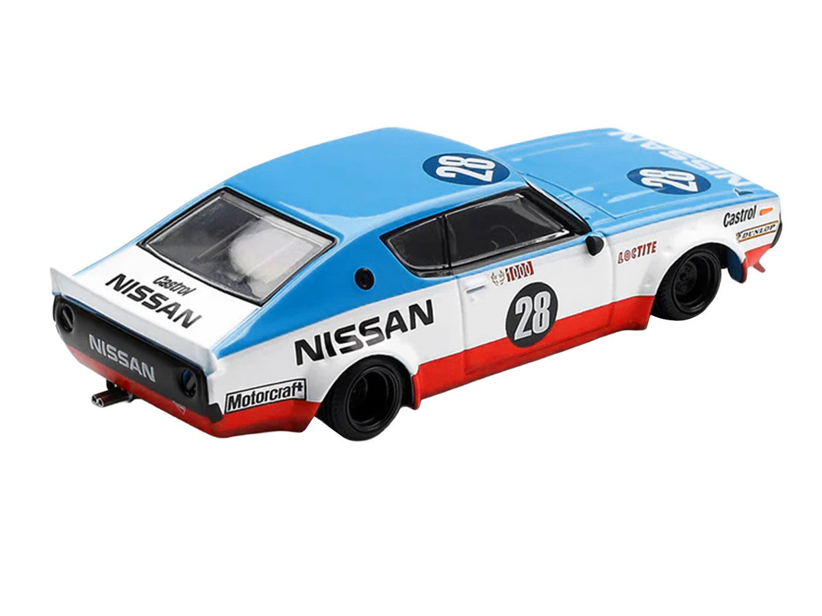 Nissan Skyline Kenmeri RHD (Right Hand Drive) #28 "Liberty Walk - Nissan Racing 1975 Concept" Blue and White with Red Stripes Limited Edition 1/64 Diecast Model Car by Mini GT by Mini GT