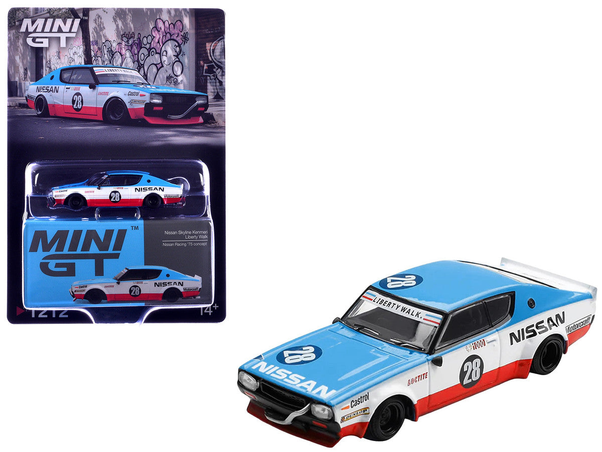 Nissan Skyline Kenmeri RHD (Right Hand Drive) #28 "Liberty Walk - Nissan Racing 1975 Concept" Blue and White with Red Stripes Limited Edition 1/64 Diecast Model Car by Mini GT by Mini GT