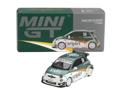 Abarth 595 LB-Works "TY Edition" #59 Green Metallic and White with Gold Stripes and Graphics Limited Edition 1/64 Die Cast Model Car by Mini GT-4