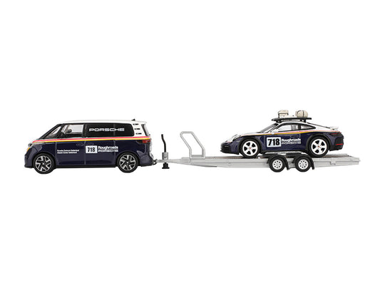 Porsche 911 Dakar #718 Blue and White with Roof Rack and Volkswagen ID. Buzz Blue and White with Flatbed Trailer "Porsche Centrum Gelderland Roughroads" Set of 3 pieces Limited Edition 1/64 Diecast Model Car by Mini GT by Mini GT