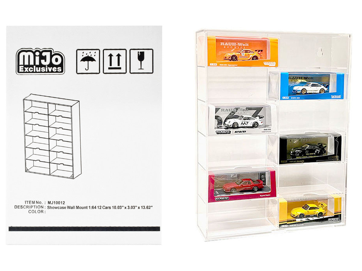 Showcase 12 Car Display Case Wall Mount with Clear Back Panel and Extra Space "Mijo Exclusives" for 1/64 Scale Models by Other